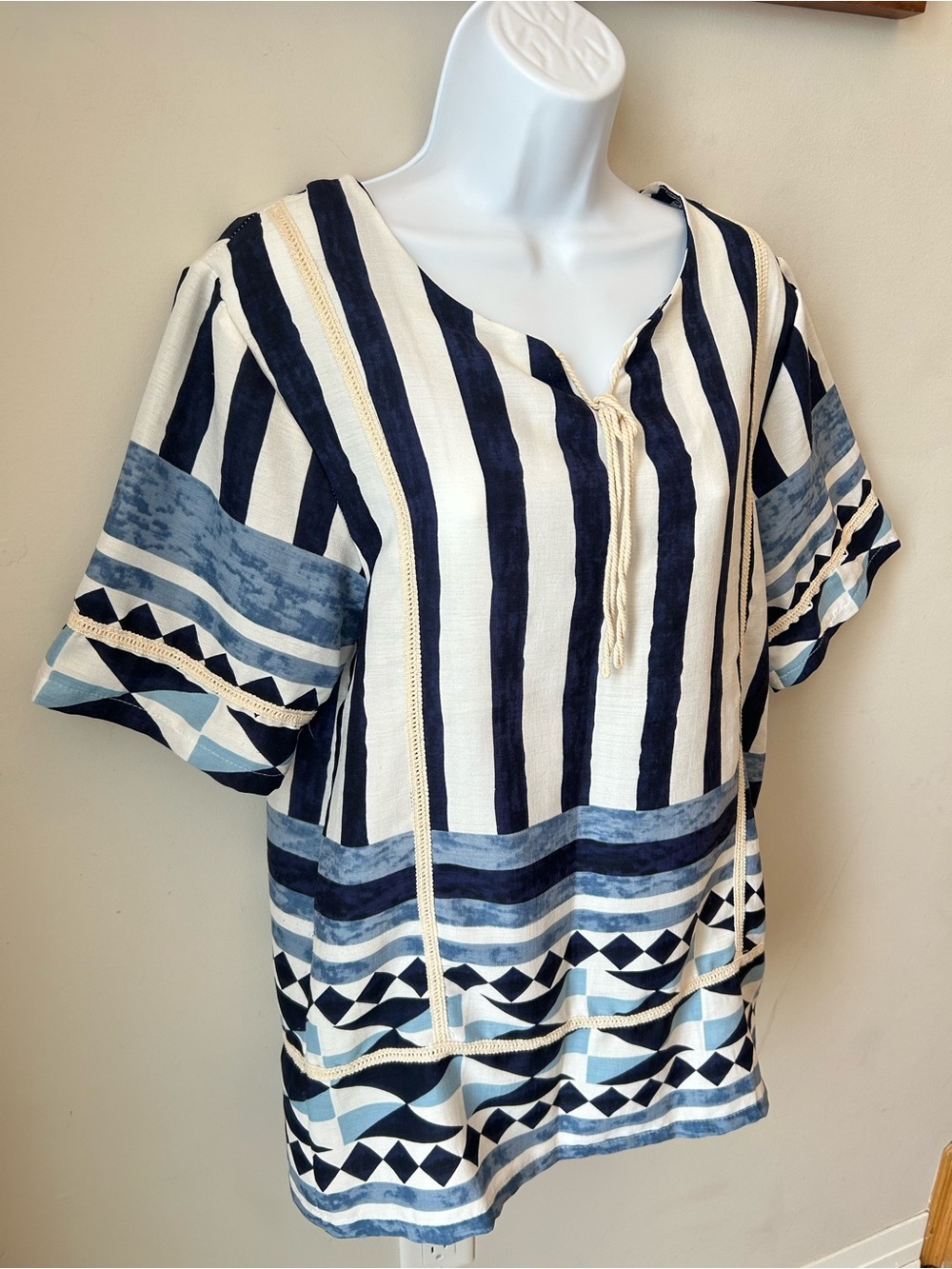 Striped Geometric Tunic Top Nautical Coastal Grandma Cottagecore On the Boat